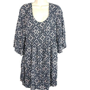 Blue Rain Tunic Shift Dress Women Size M Navy Blue Geometric Print 3/4 Sleeve